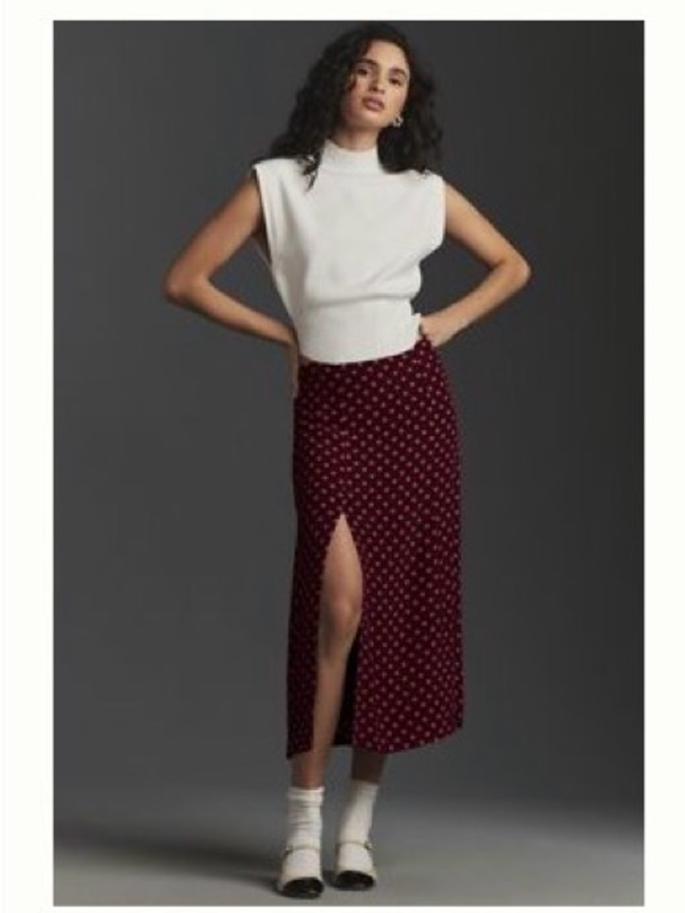 NWT! Anthropologie Burgundy Polka-Dot Midi Skirt with Side Slit, size 4